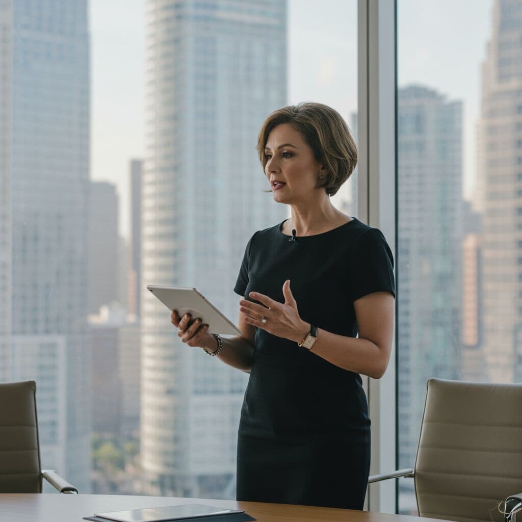 A person practicing a presentation