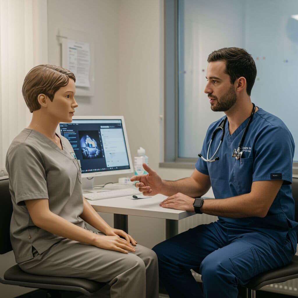 A healthcare professional practicing patient communication